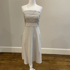 White/black/gold striped cotton strapless dress